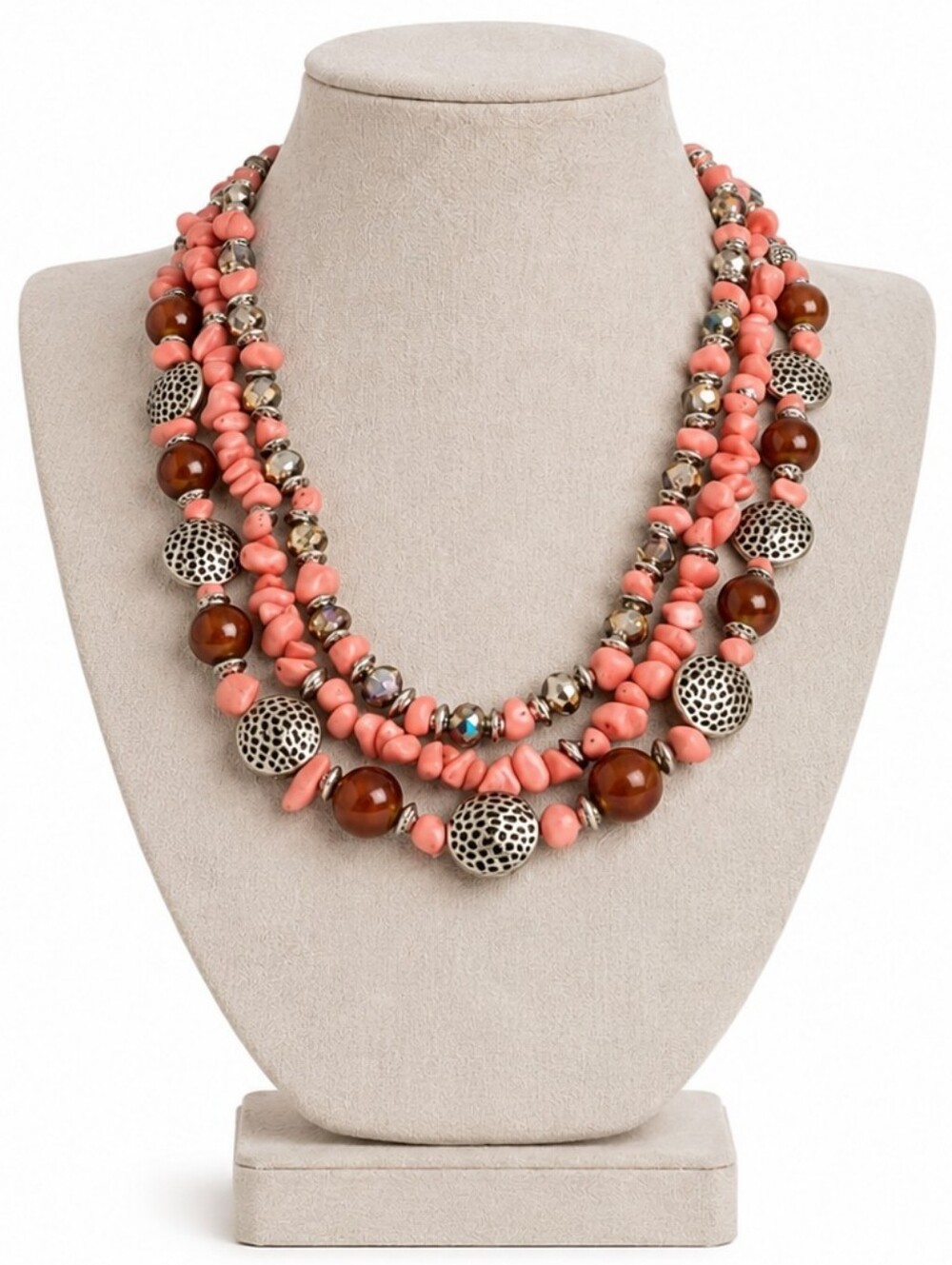 Coral Pink Multi Strand Chunky Statement Necklace Silver Pods